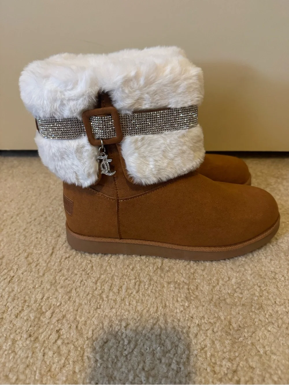 Juicy Couture Brown Suede Faux Fur Cuff Rhinestone Strap Boots